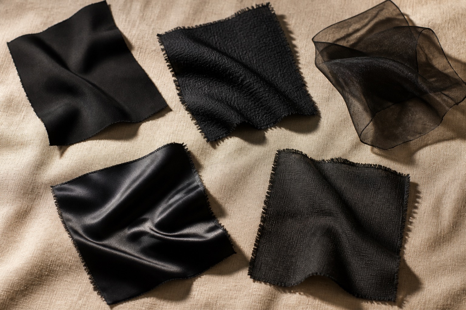 Swatches of abaya fabrics arranged together