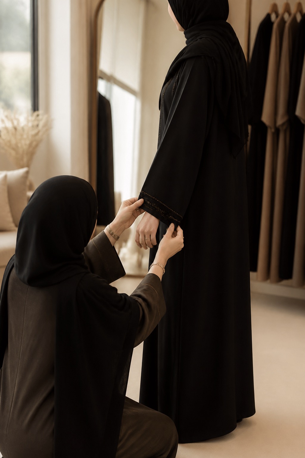 Woman being fitted for a tailored abaya