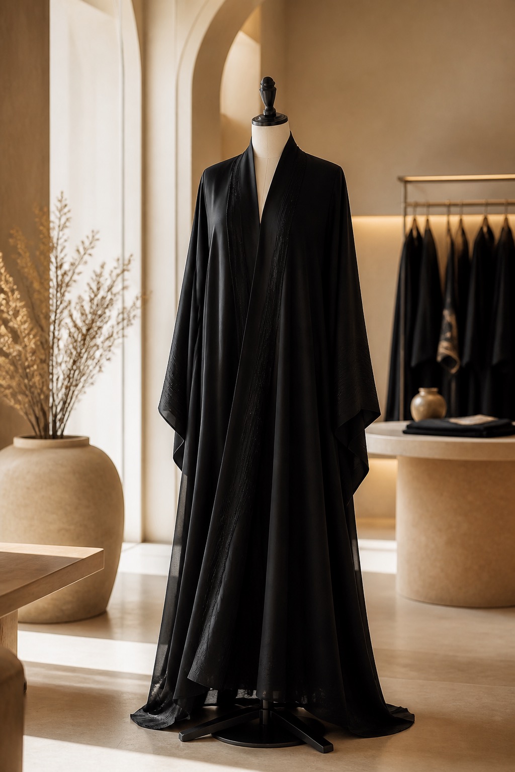 Elegant black abaya displayed in a Dubai boutique