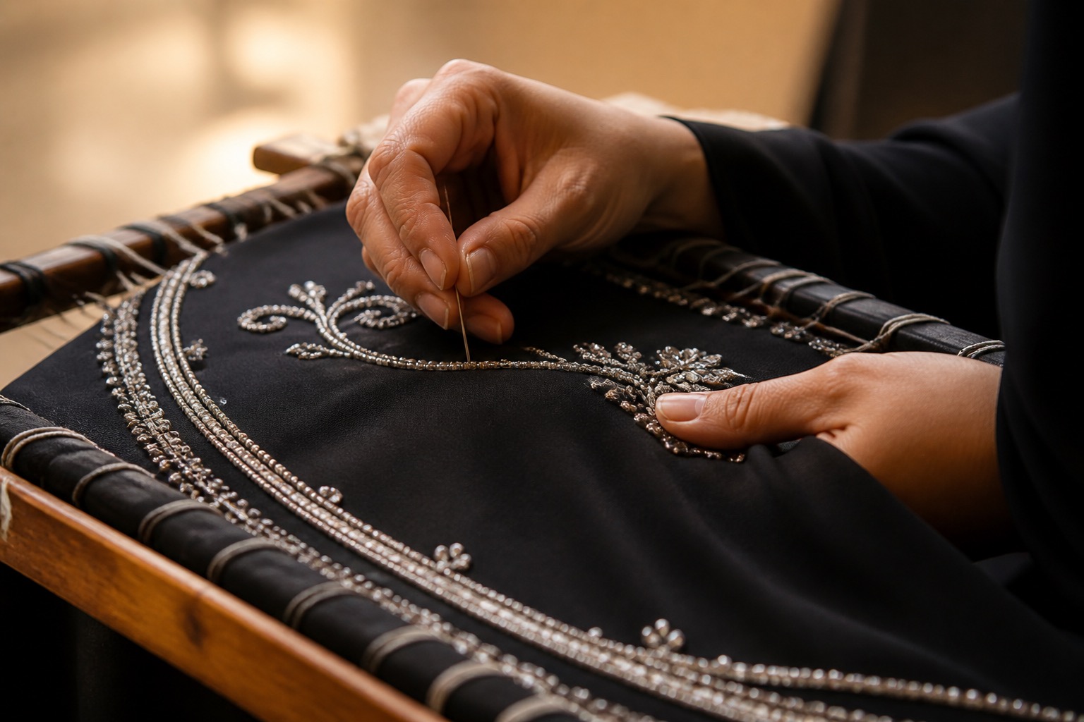 Artisan hand-beading a garment