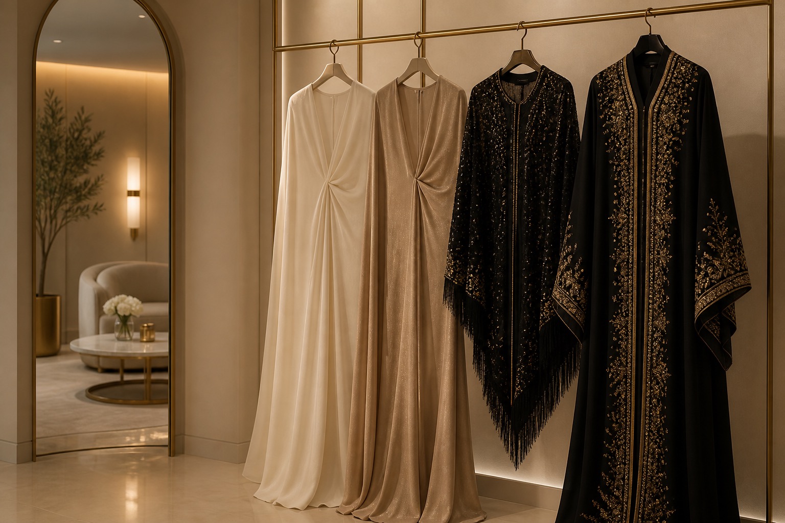 Modest evening wardrobe pieces arranged together