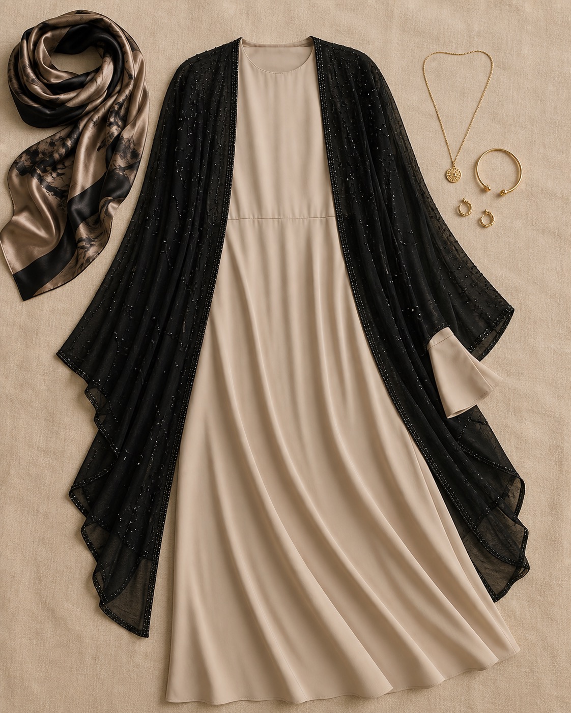 Layered modest outfit combining dress, cape and scarf