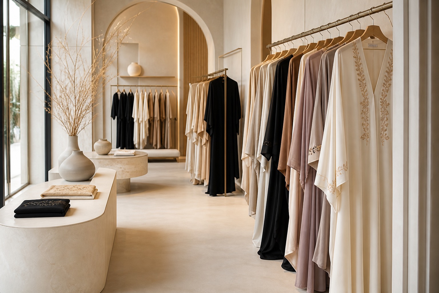 Selection of modest garments in a Dubai boutique